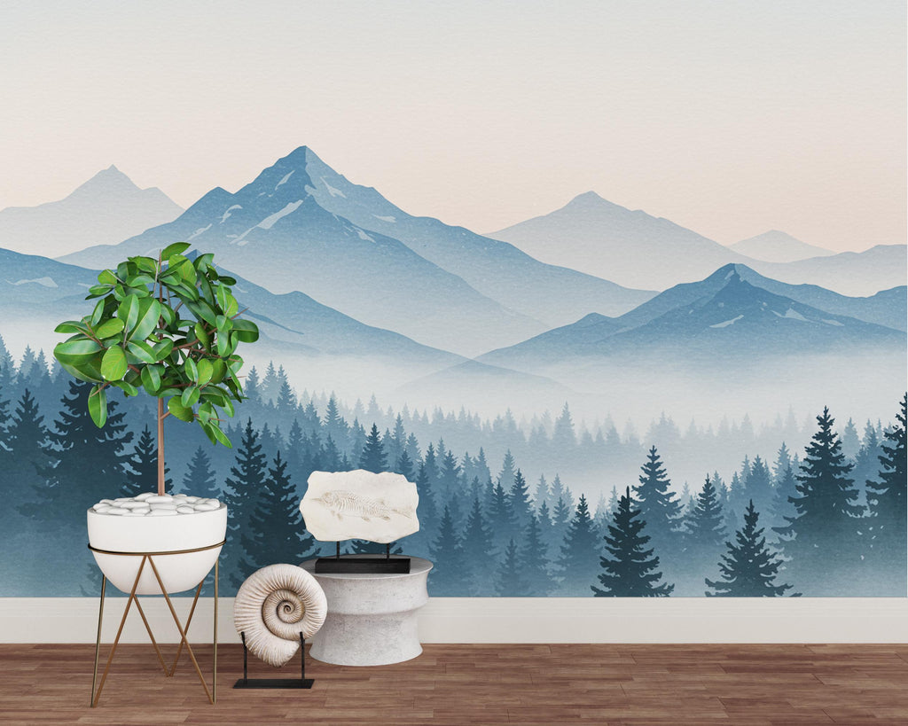 Mountain Wallpaper Peel and Stick Mountain Watercolor Wallpaper Mountain Wall Art Pine Tree Nature Wallpaper Blue Mountain Mural 735RS