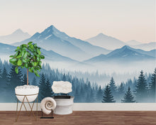 Load image into Gallery viewer, Mountain Wallpaper Peel and Stick Mountain Watercolor Wallpaper Mountain Wall Art Pine Tree Nature Wallpaper Blue Mountain Mural 735RS