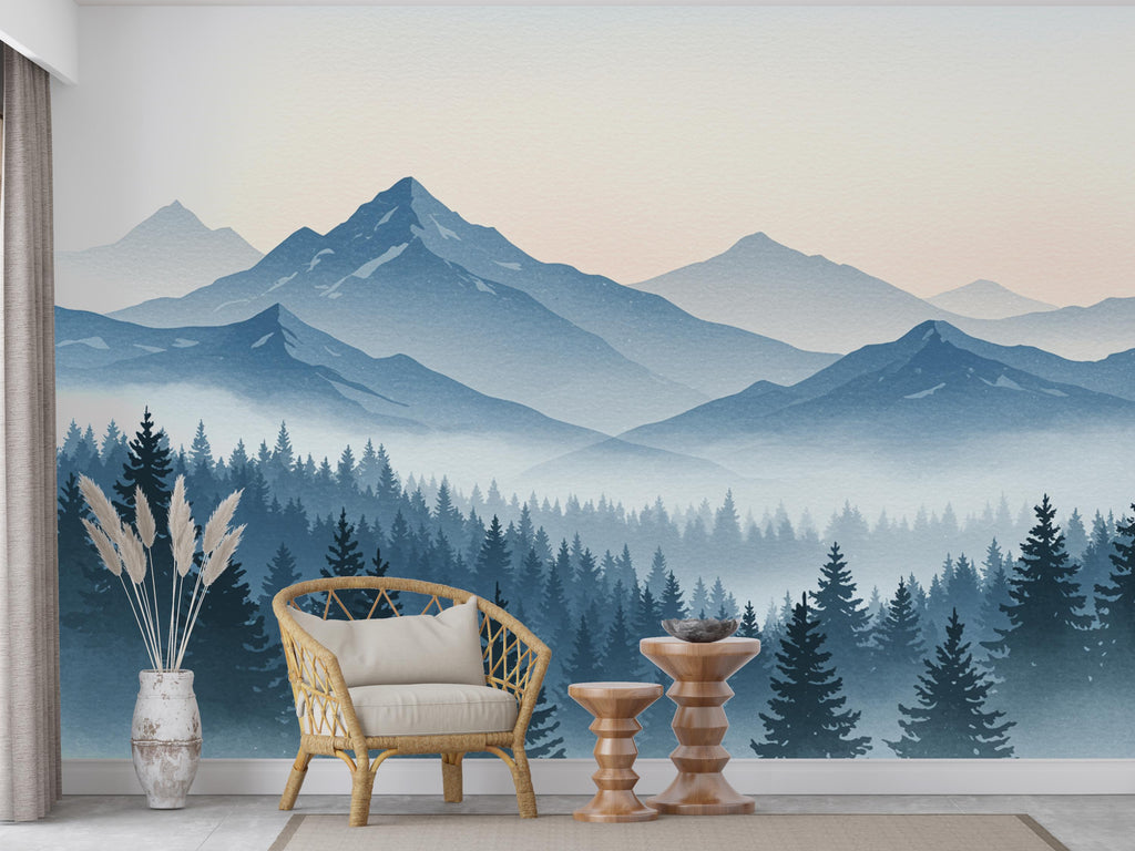 Mountain Wallpaper Peel and Stick Mountain Watercolor Wallpaper Mountain Wall Art Pine Tree Nature Wallpaper Blue Mountain Mural 735RS