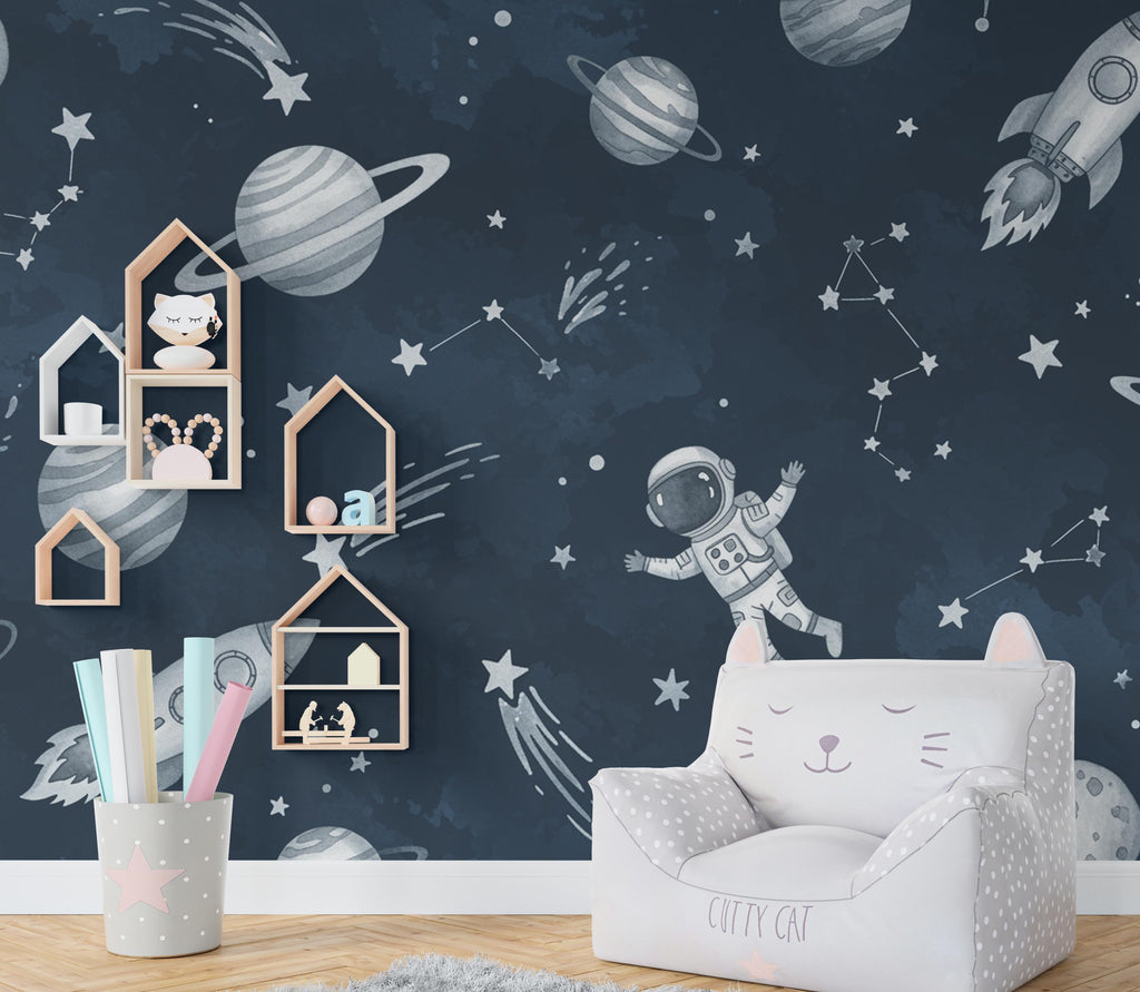 Space watercolor Wall Decal | Astronaut Space Wall Mural | Outer Space Wallpaper | Stars and Planets Wall Art | Astronomy Room Decor 736RS