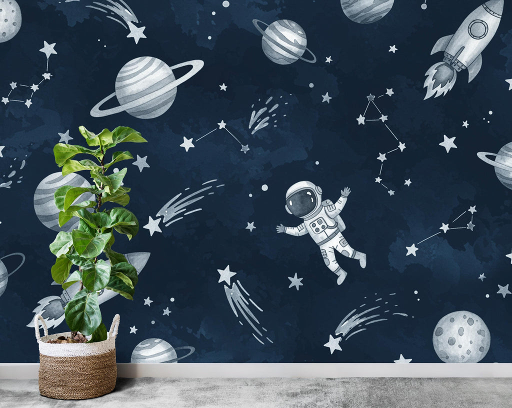 Space watercolor Wall Decal | Astronaut Space Wall Mural | Outer Space Wallpaper | Stars and Planets Wall Art | Astronomy Room Decor 736RS