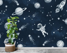 Load image into Gallery viewer, Space watercolor Wall Decal | Astronaut Space Wall Mural | Outer Space Wallpaper | Stars and Planets Wall Art | Astronomy Room Decor 736RS