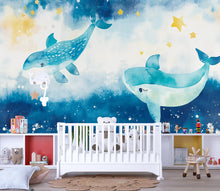 Load image into Gallery viewer, Watercolor Whale Nursery Mural – Baby Ocean Wall Art – Cute Blue Sea Wallpaper – Holiday or Birthday Gift for Kids' Room or Nursery