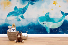 Load image into Gallery viewer, Watercolor Whale Nursery Mural – Baby Ocean Wall Art – Cute Blue Sea Wallpaper – Holiday or Birthday Gift for Kids' Room or Nursery