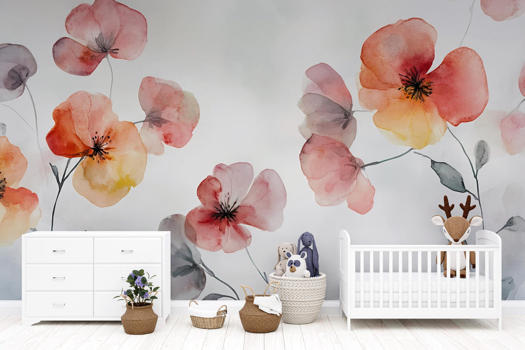 Watercolor Floral Nursery Mural – Gentle Red and Orange Flowers – Baby Room Decor Gift for Holidays, Birthdays or Shower