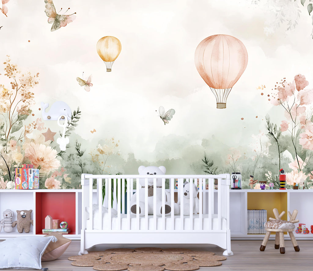 Watercolor Hot Air Balloon Nursery Mural – Baby Room Wall Art – Holiday or Birthday Gift for Gender Neutral Nursery Decor