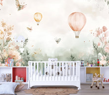 Load image into Gallery viewer, Watercolor Hot Air Balloon Nursery Mural – Baby Room Wall Art – Holiday or Birthday Gift for Gender Neutral Nursery Decor