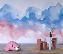 Load image into Gallery viewer, Watercolor Cloudy Sky Nursery Mural – Soft Pink and Blue – Baby Room Art Gift for Birthdays, Holidays, or Nursery Decor