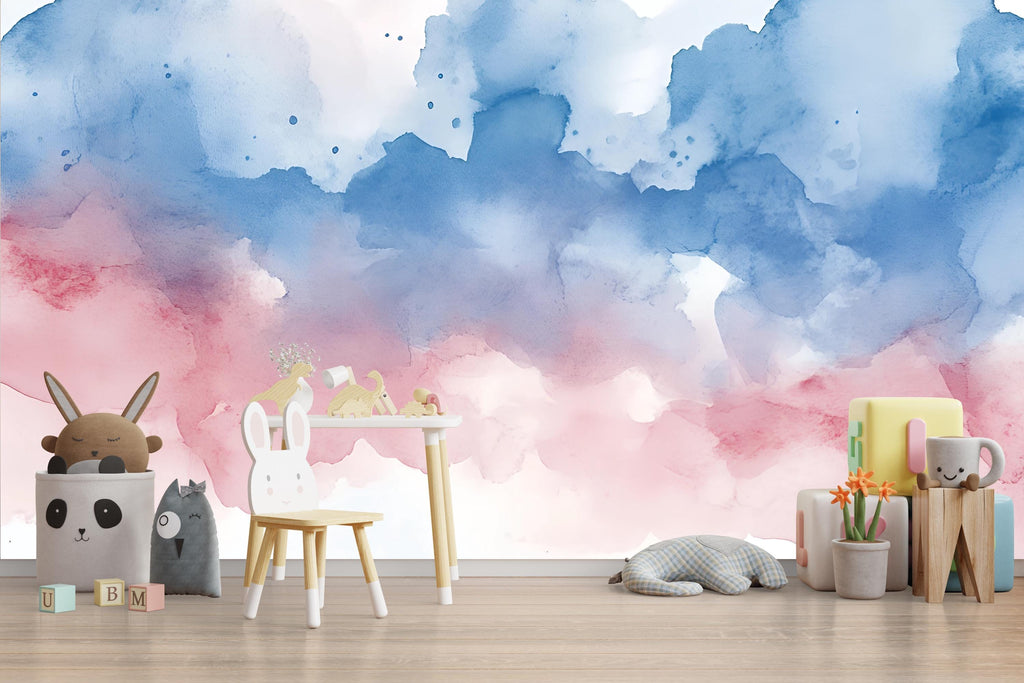 Watercolor Cloudy Sky Nursery Mural – Soft Pink and Blue – Baby Room Art Gift for Birthdays, Holidays, or Nursery Decor