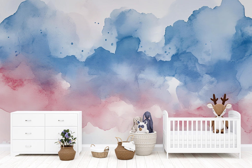Watercolor Cloudy Sky Nursery Mural – Soft Pink and Blue – Baby Room Art Gift for Birthdays, Holidays, or Nursery Decor