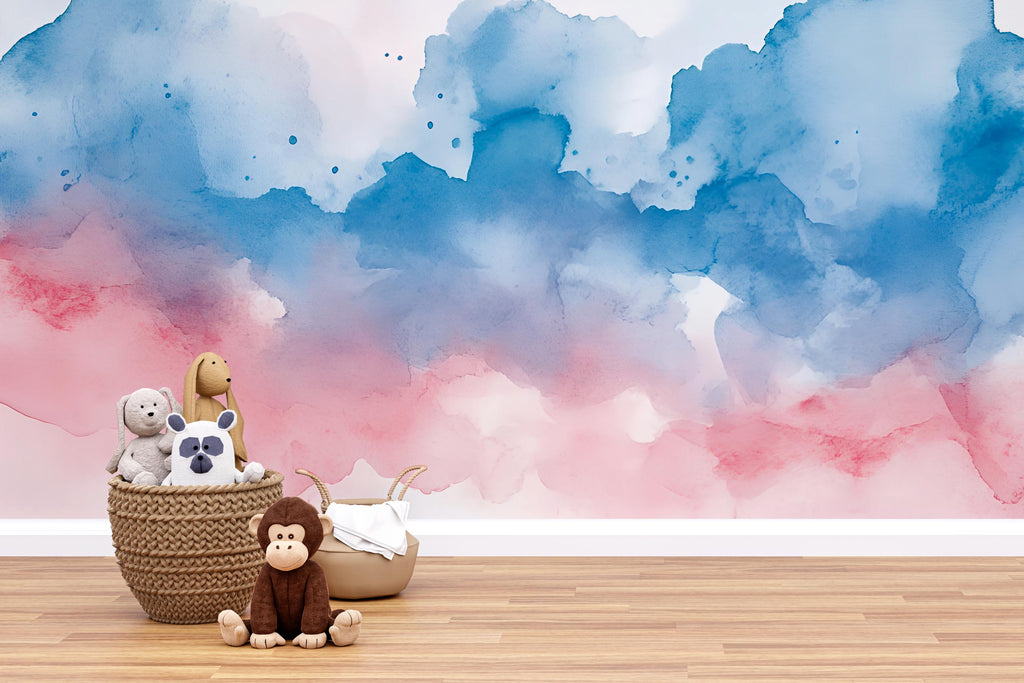 Watercolor Cloudy Sky Nursery Mural – Soft Pink and Blue – Baby Room Art Gift for Birthdays, Holidays, or Nursery Decor