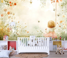 Load image into Gallery viewer, Watercolor Swing Girl Nursery Mural – Whimsical Baby Room Decor – Birthday or Holiday Baby Gift for Nursery or Kids Room