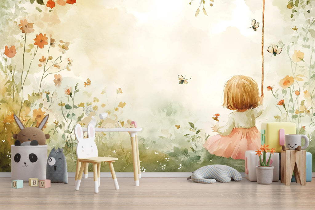 Watercolor Swing Girl Nursery Mural – Whimsical Baby Room Decor – Birthday or Holiday Baby Gift for Nursery or Kids Room