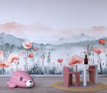 Load image into Gallery viewer, Watercolor Mountain &amp; Poppy Nursery Mural – Soft Floral Wall Art – Birthday, Holiday, or Baby Shower Gift for Nursery