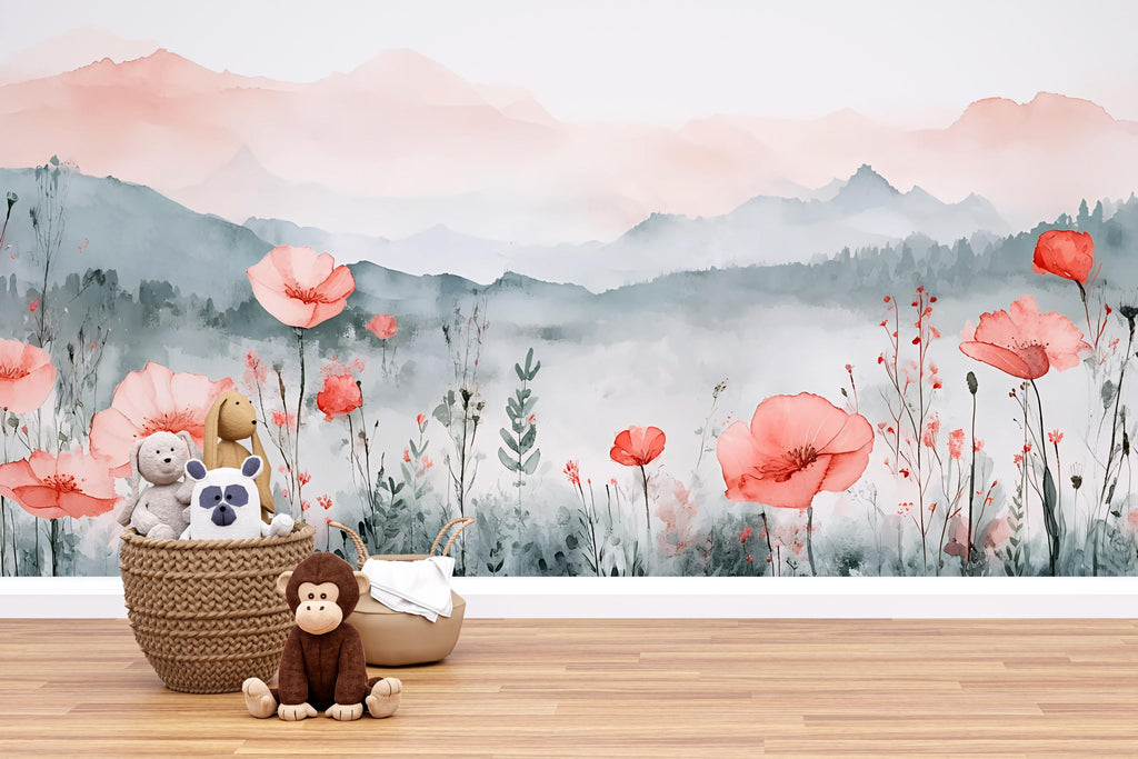 Watercolor Mountain & Poppy Nursery Mural – Soft Floral Wall Art – Birthday, Holiday, or Baby Shower Gift for Nursery
