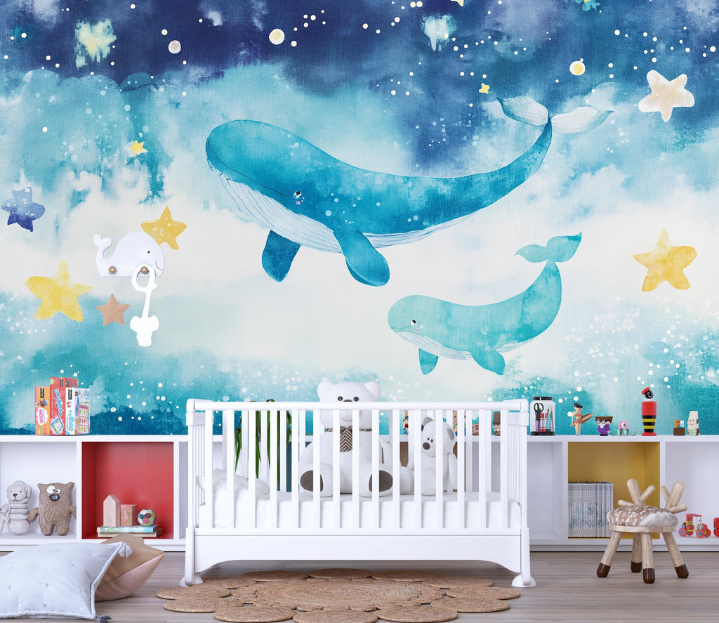 Watercolor Whale Nursery Mural – Undersea Baby Wall Art – Baby Shower, Birthday or Holiday Gift for Kids Room