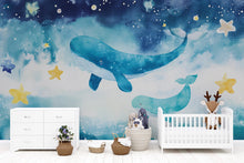Load image into Gallery viewer, Watercolor Whale Nursery Mural – Undersea Baby Wall Art – Baby Shower, Birthday or Holiday Gift for Kids Room