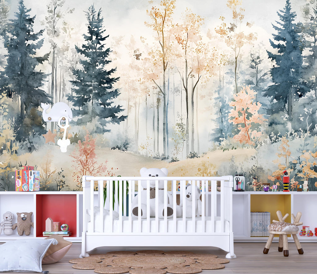 Watercolor Forest Nursery Mural – Calming Woodland Wall Art – Baby Shower, Birthday or Holiday Gift for Kids Room