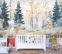 Load image into Gallery viewer, Watercolor Forest Nursery Mural – Calming Woodland Wall Art – Baby Shower, Birthday or Holiday Gift for Kids Room