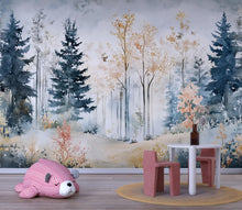 Load image into Gallery viewer, Watercolor Forest Nursery Mural – Calming Woodland Wall Art – Baby Shower, Birthday or Holiday Gift for Kids Room