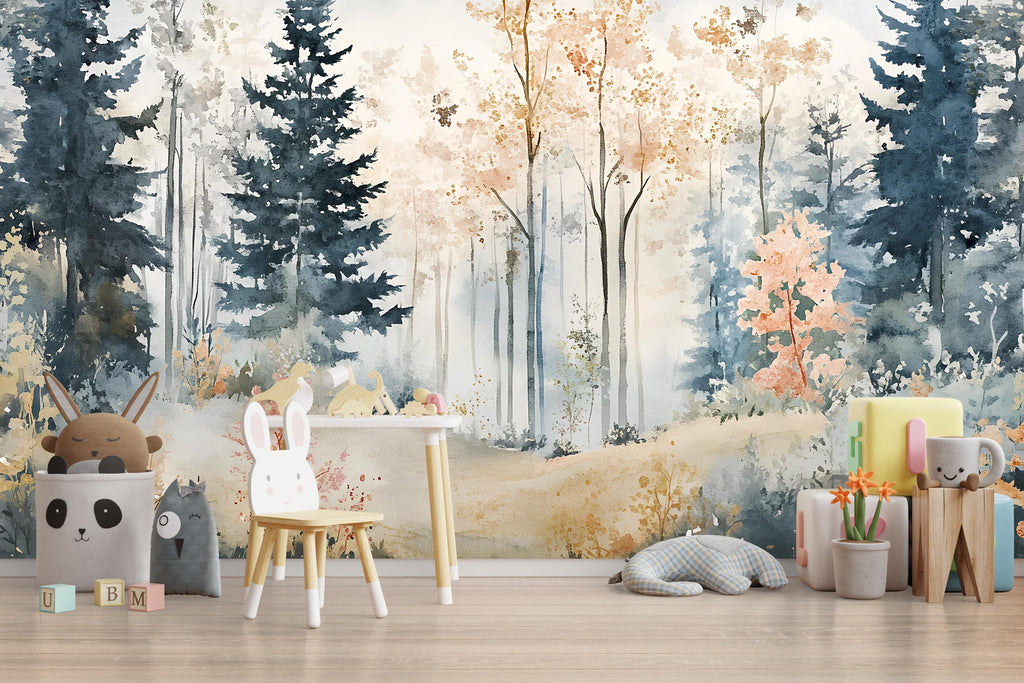 Watercolor Forest Nursery Mural – Calming Woodland Wall Art – Baby Shower, Birthday or Holiday Gift for Kids Room