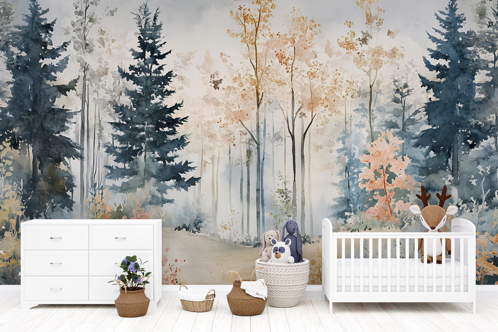 Watercolor Forest Nursery Mural – Calming Woodland Wall Art – Baby Shower, Birthday or Holiday Gift for Kids Room