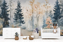 Load image into Gallery viewer, Watercolor Forest Nursery Mural – Calming Woodland Wall Art – Baby Shower, Birthday or Holiday Gift for Kids Room