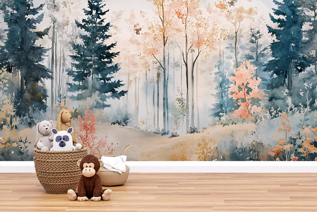 Watercolor Forest Nursery Mural – Calming Woodland Wall Art – Baby Shower, Birthday or Holiday Gift for Kids Room