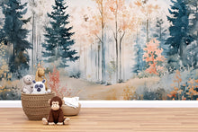Load image into Gallery viewer, Watercolor Forest Nursery Mural – Calming Woodland Wall Art – Baby Shower, Birthday or Holiday Gift for Kids Room