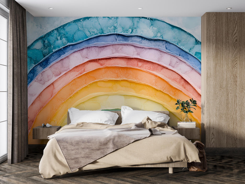 Boho Rainbow Wall Mural for Nursery – Gender Neutral Peel and Stick Wallpaper – Watercolor Rainbow Kids Room Decor – Large Removable Mural
