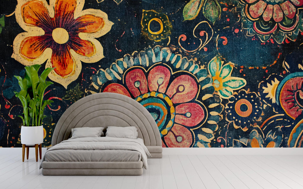 Boho Floral Wall Mural – Colorful Retro Flower Peel and Stick Wallpaper – Large Vintage Botanical Mural for Bedroom or Accent Wall Decor