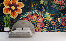 Load image into Gallery viewer, Boho Floral Wall Mural – Colorful Retro Flower Peel and Stick Wallpaper – Large Vintage Botanical Mural for Bedroom or Accent Wall Decor