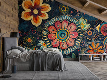 Load image into Gallery viewer, Boho Floral Wall Mural – Colorful Retro Flower Peel and Stick Wallpaper – Large Vintage Botanical Mural for Bedroom or Accent Wall Decor