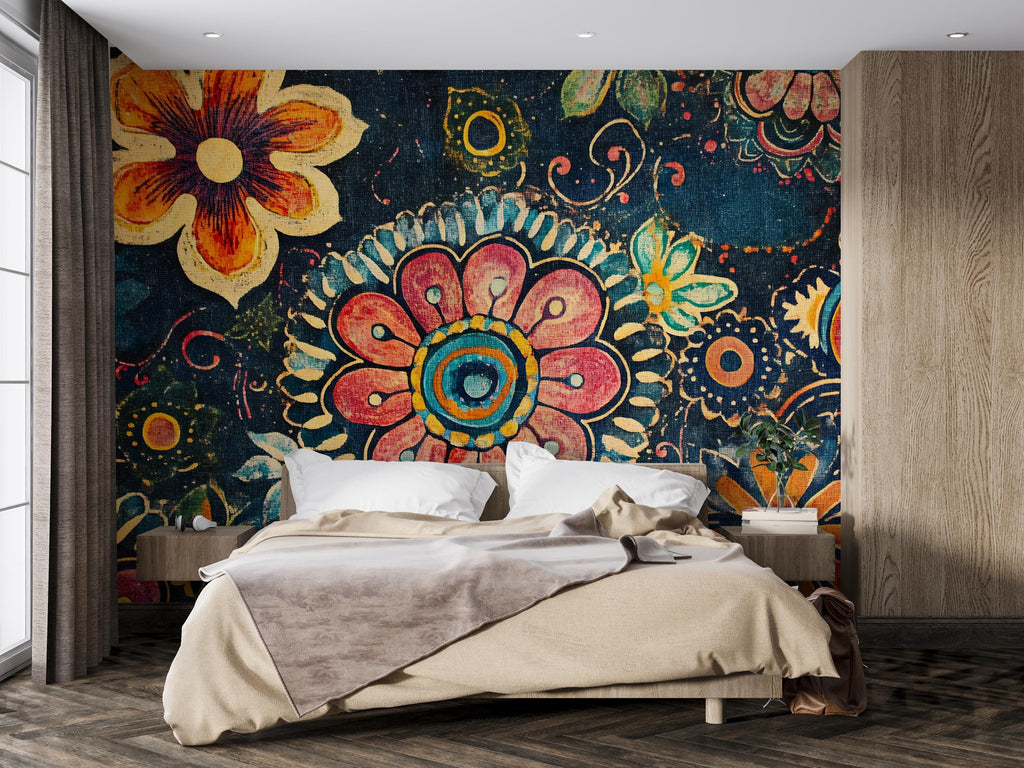Boho Floral Wall Mural – Colorful Retro Flower Peel and Stick Wallpaper – Large Vintage Botanical Mural for Bedroom or Accent Wall Decor