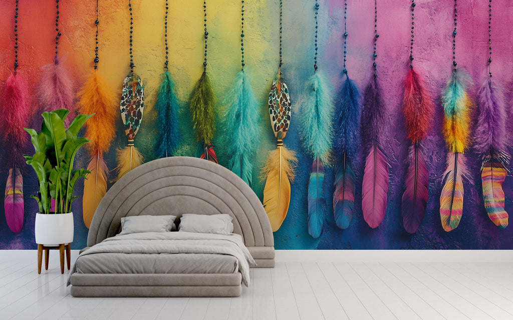 Boho Feather Wall Mural – Colorful Rainbow Feather Wallpaper – Peel and Stick Removable Bohemian Wall Decor for Bedroom or Studio