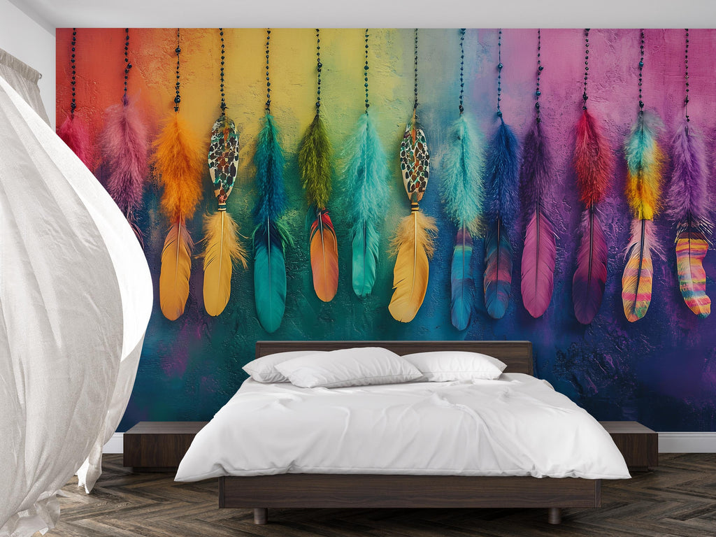 Boho Feather Wall Mural – Colorful Rainbow Feather Wallpaper – Peel and Stick Removable Bohemian Wall Decor for Bedroom or Studio