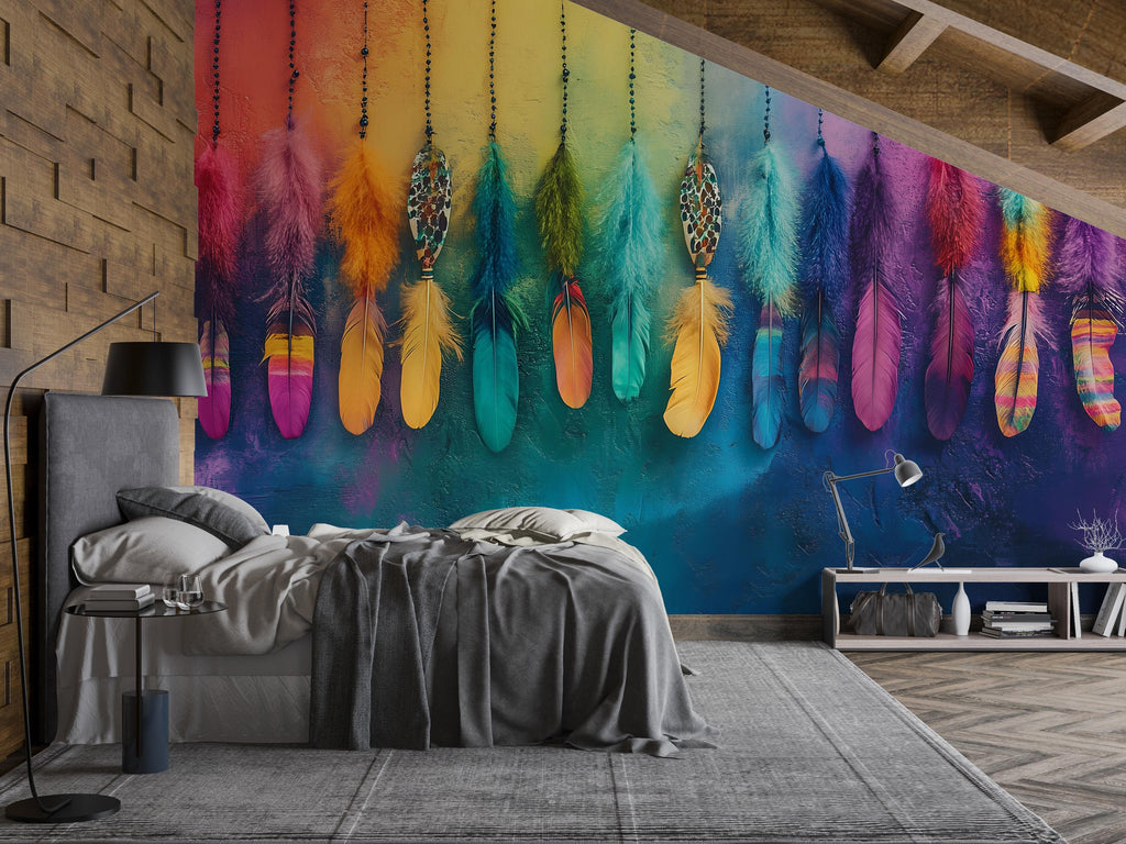 Boho Feather Wall Mural – Colorful Rainbow Feather Wallpaper – Peel and Stick Removable Bohemian Wall Decor for Bedroom or Studio
