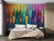 Load image into Gallery viewer, Boho Feather Wall Mural – Colorful Rainbow Feather Wallpaper – Peel and Stick Removable Bohemian Wall Decor for Bedroom or Studio