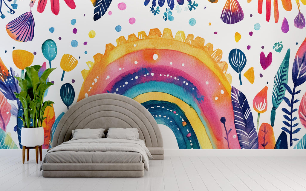 Watercolor Rainbow Wall Mural – Colorful Boho Peel and Stick Wallpaper – Whimsical Botanical Mural for Kids Room or Nursery Decor
