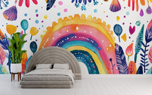 Load image into Gallery viewer, Watercolor Rainbow Wall Mural – Colorful Boho Peel and Stick Wallpaper – Whimsical Botanical Mural for Kids Room or Nursery Decor