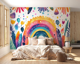 Watercolor Rainbow Wall Mural – Colorful Boho Peel and Stick Wallpaper – Whimsical Botanical Mural for Kids Room or Nursery Decor