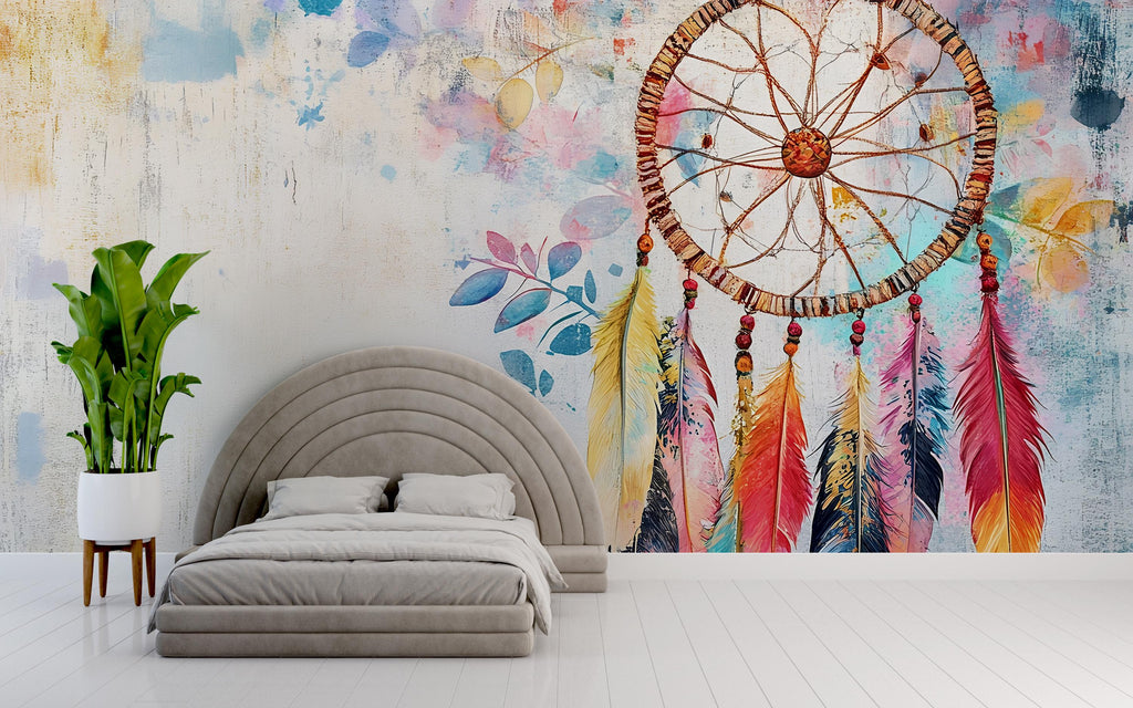 Dreamcatcher Wall Mural – Boho Feather Peel and Stick Wallpaper – Watercolor Native Wall Art – Removable Mural for Bedroom or Nursery