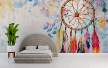 Load image into Gallery viewer, Dreamcatcher Wall Mural – Boho Feather Peel and Stick Wallpaper – Watercolor Native Wall Art – Removable Mural for Bedroom or Nursery