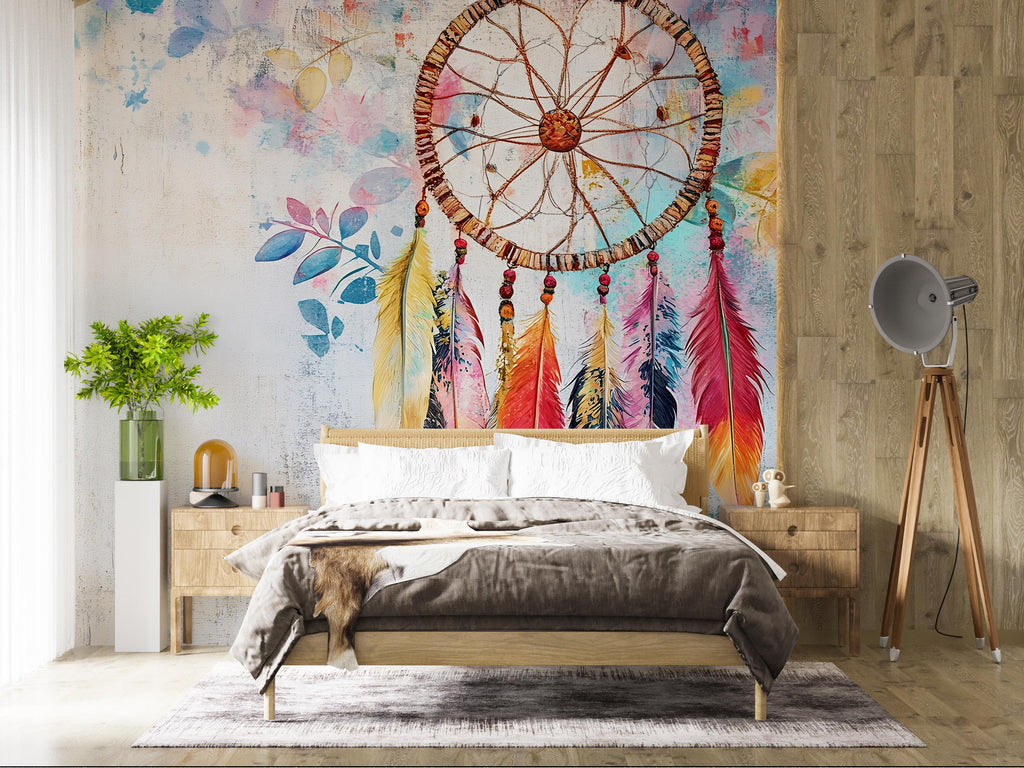 Dreamcatcher Wall Mural – Boho Feather Peel and Stick Wallpaper – Watercolor Native Wall Art – Removable Mural for Bedroom or Nursery