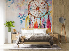 Load image into Gallery viewer, Dreamcatcher Wall Mural – Boho Feather Peel and Stick Wallpaper – Watercolor Native Wall Art – Removable Mural for Bedroom or Nursery