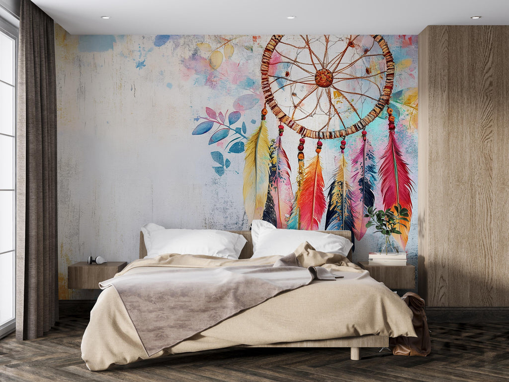 Dreamcatcher Wall Mural – Boho Feather Peel and Stick Wallpaper – Watercolor Native Wall Art – Removable Mural for Bedroom or Nursery