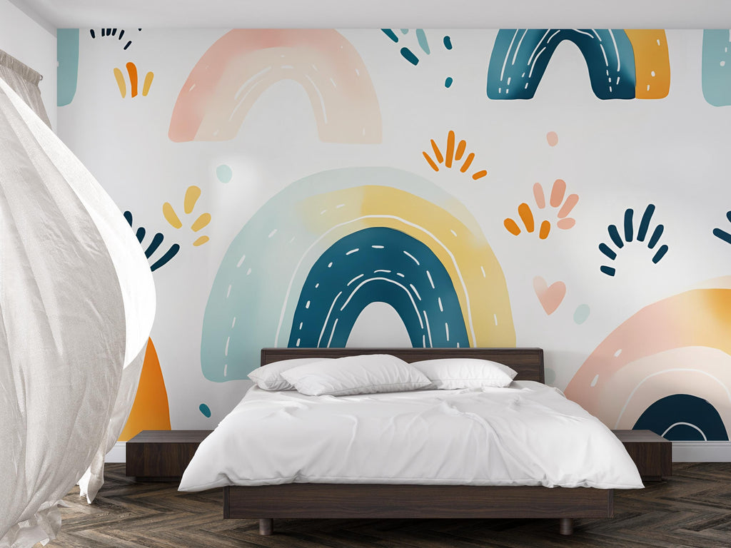Minimalist Rainbow Wall Mural – Gender Neutral Peel and Stick Wallpaper – Abstract Modern Nursery Decor – Removable Large Wall Art