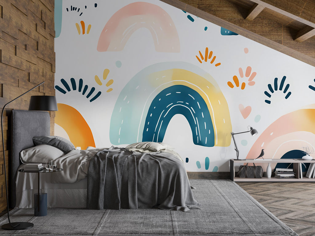Minimalist Rainbow Wall Mural – Gender Neutral Peel and Stick Wallpaper – Abstract Modern Nursery Decor – Removable Large Wall Art