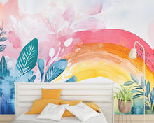 Load image into Gallery viewer, Watercolor Rainbow Wall Mural – Boho Foliage Peel and Stick Wallpaper – Botanical Pastel Removable Mural for Bedroom or Nursery Decor