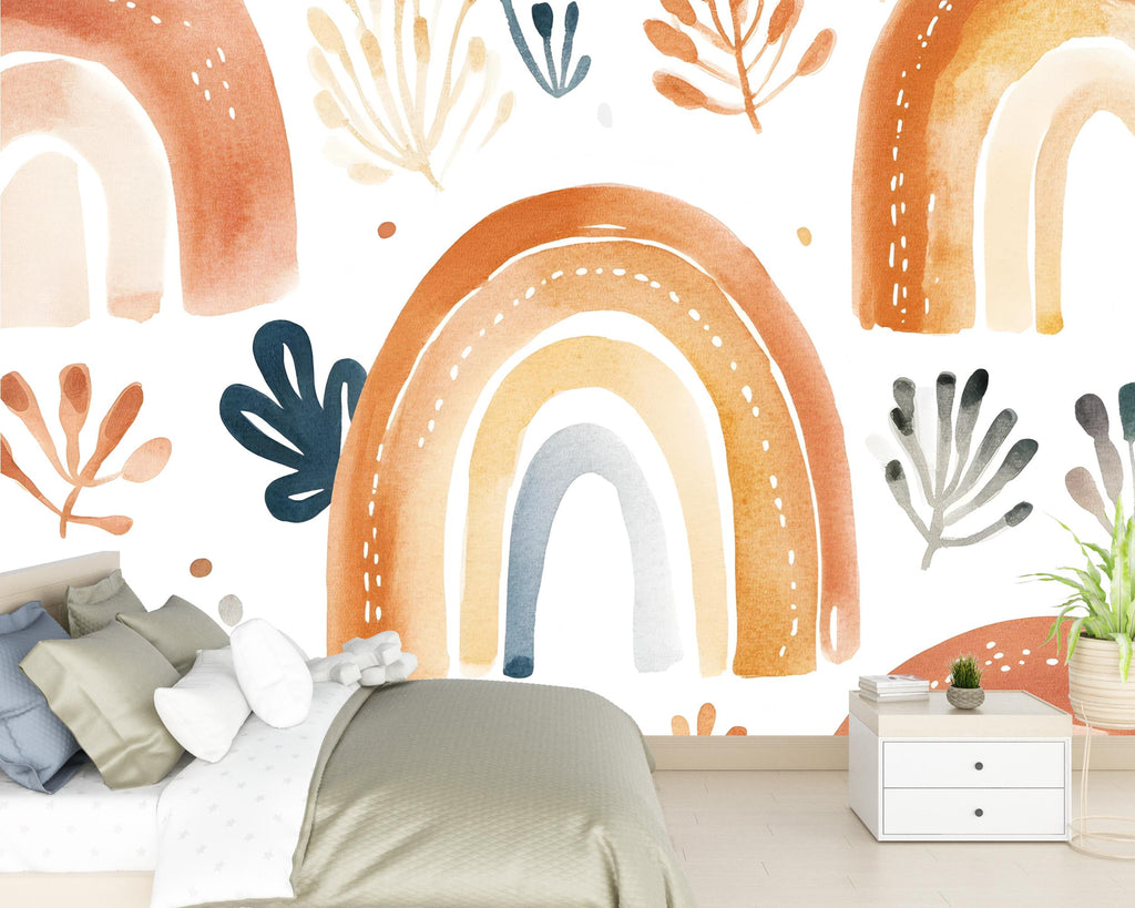 Earth Tone Rainbow Wall Mural – Boho Abstract Peel and Stick Wallpaper – Neutral Removable Mural for Bedroom or Nursery Wall Decor